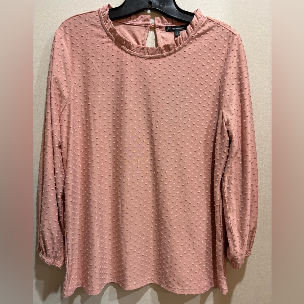 Adrianna Papell Blush Pink Swiss Dot Ruffle-Neck Top
